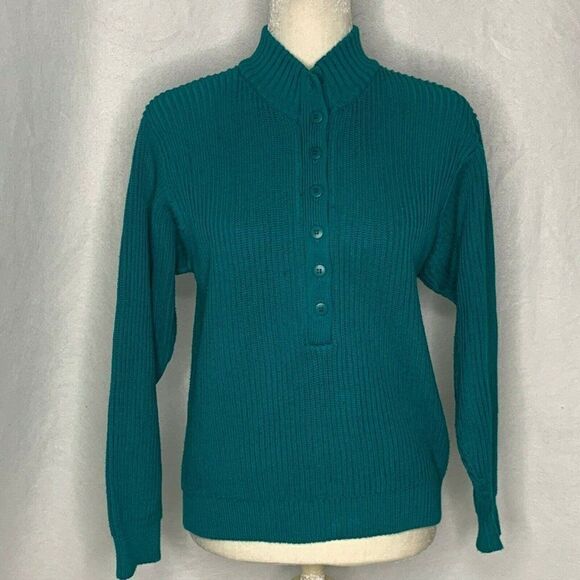 Vintage Le Moda Knit Henley Sweater S Teal Green - Picture 2 of 5